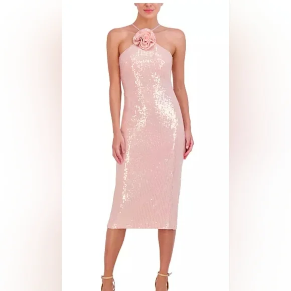 Eliza J Women's Sequined Rosette Halter Dress Size 2 Pink - Picture 1 of 9